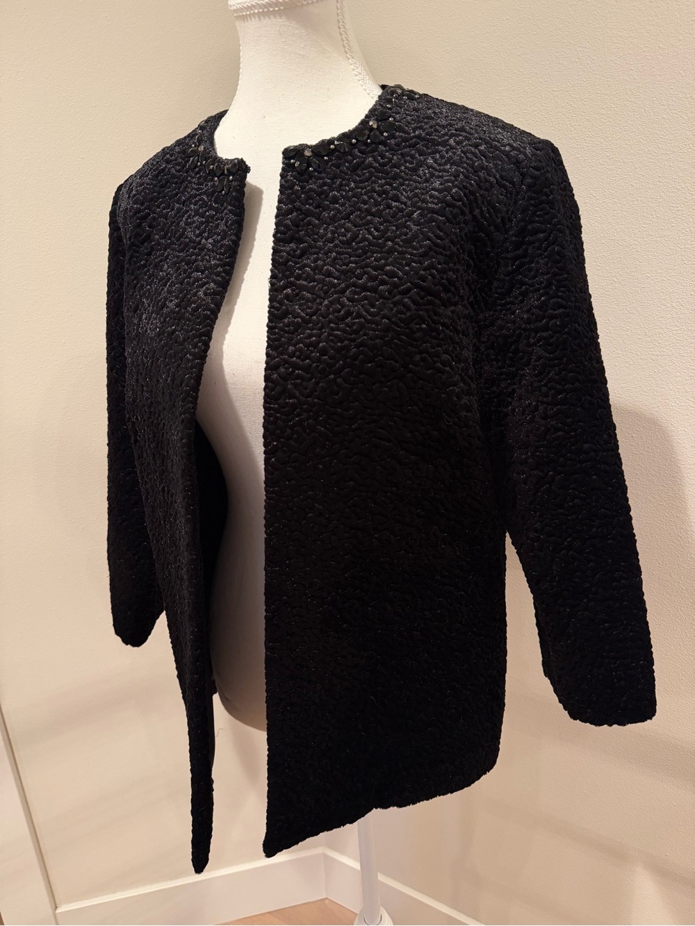 Alfred Dunner Black Velvet Textured Open-Front Jacket w Floral Rhinestone Collar